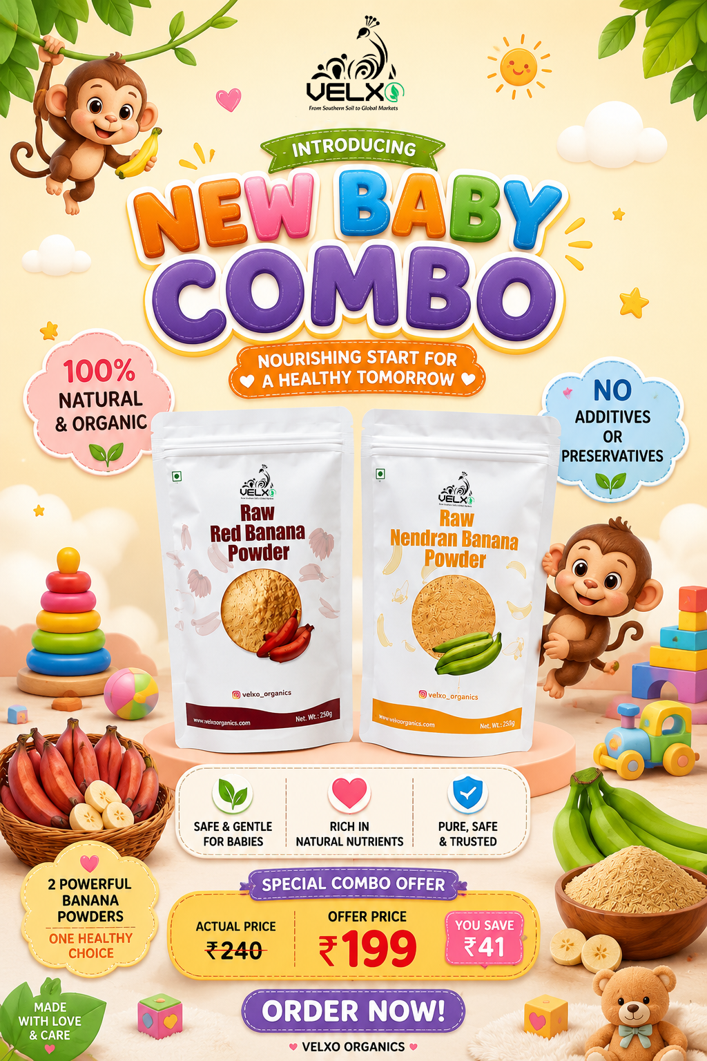 Baby Combo VELXO Organics Baby Nutrition Combo with Raw Nendran Banana Powder and Raw Red Banana Powder for healthy baby growth